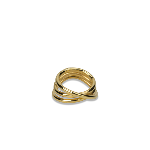 A Loop Ring from Bonvo featuring an intricate, looping design is displayed against a white background. With 18ct gold plating and intertwining bands, this handshaped strand creates a unique and elegant appearance.