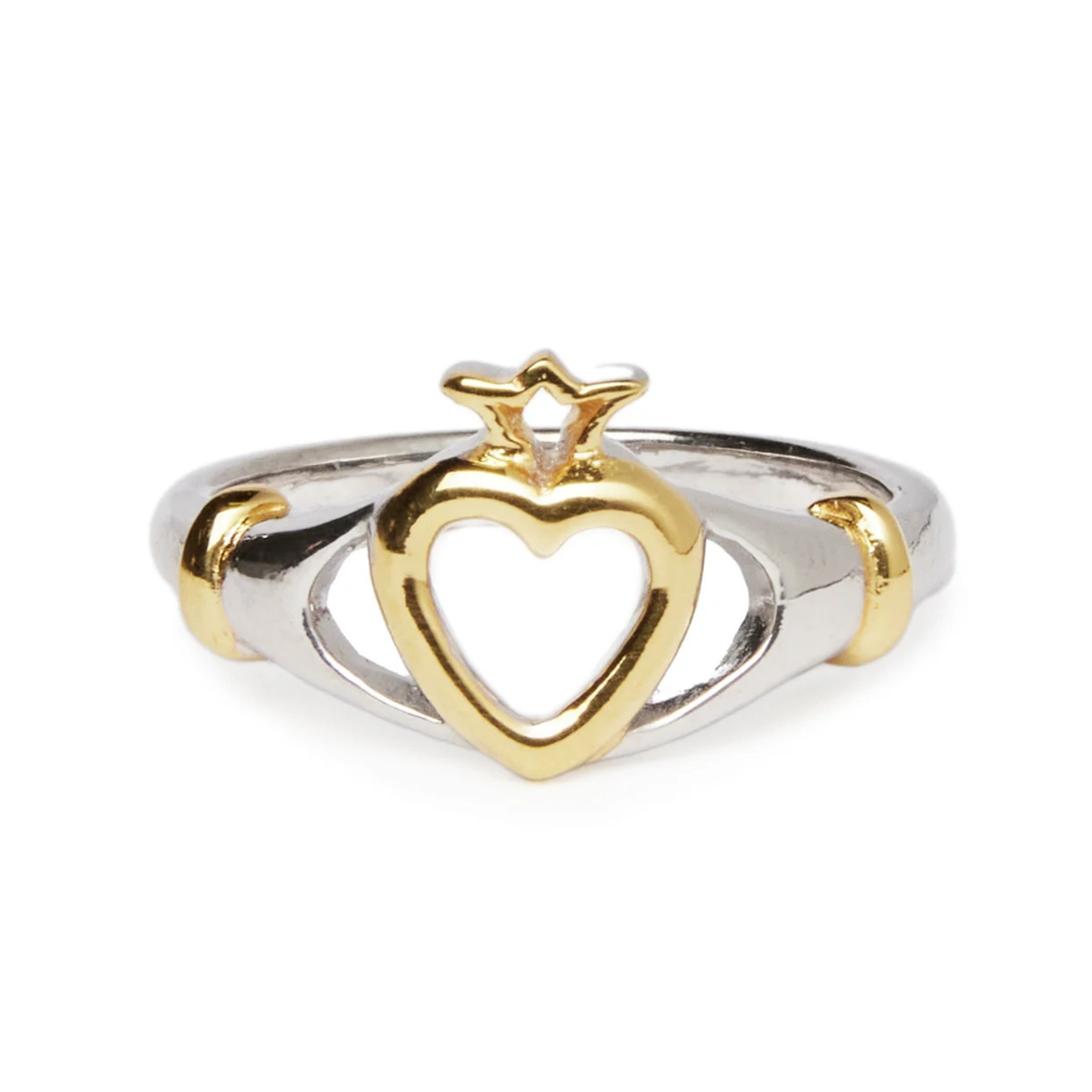 The Watermelon Tropical Lorien Ring showcases a heart-shaped centerpiece adorned with a crown. The heart and crown are gold vermeil, while the ring band is all-silver with delicate gold accents flanking the heart. The design is intricate and elegant.
