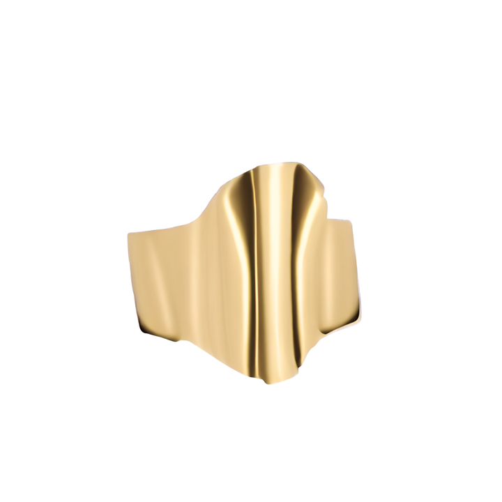 The Tonnach Ring Small by Madeleine Sculptural Jewellery is a modern, adjustable gold ring with an abstract wavy design and a polished finish, showcased on a plain white background.