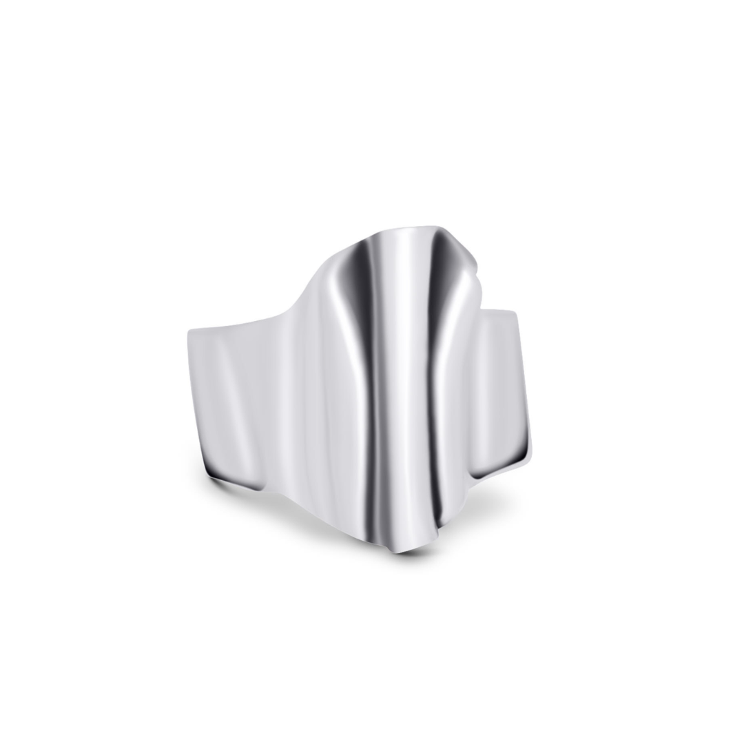 The Tonnach Ring Small by Madeleine Sculptural Jewellery is a wide silver adjustable ring with a wavy, sculpted design and polished finish, highlighting hand-carved artistry against a plain white background.