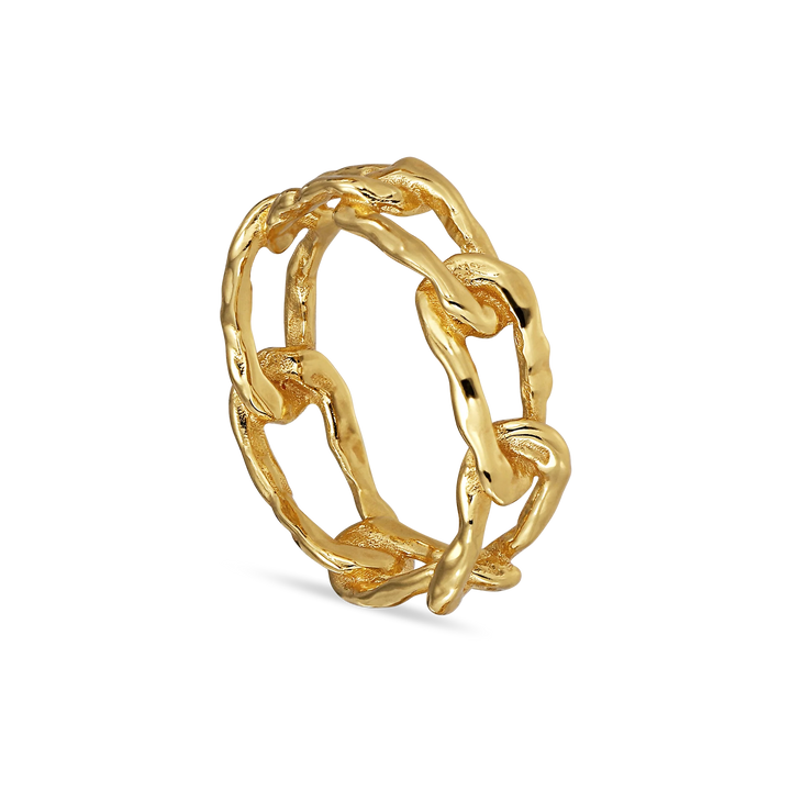 The Jane Koenig Medium Space Link Ring features interconnected, textured chain links with a gold-plated finish, displayed against a plain white background.