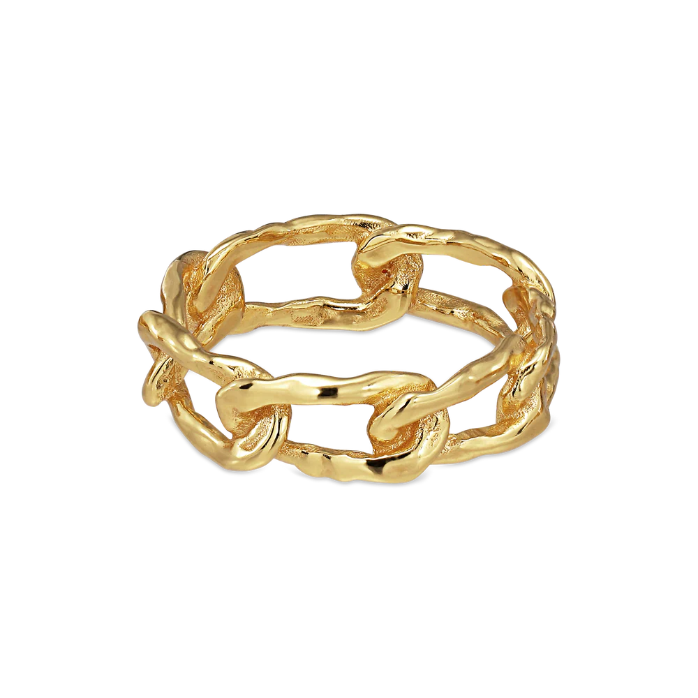 The Jane Koenig Medium Space Link Ring features a gold-plated, textured chain-link design and is displayed on a plain white background.