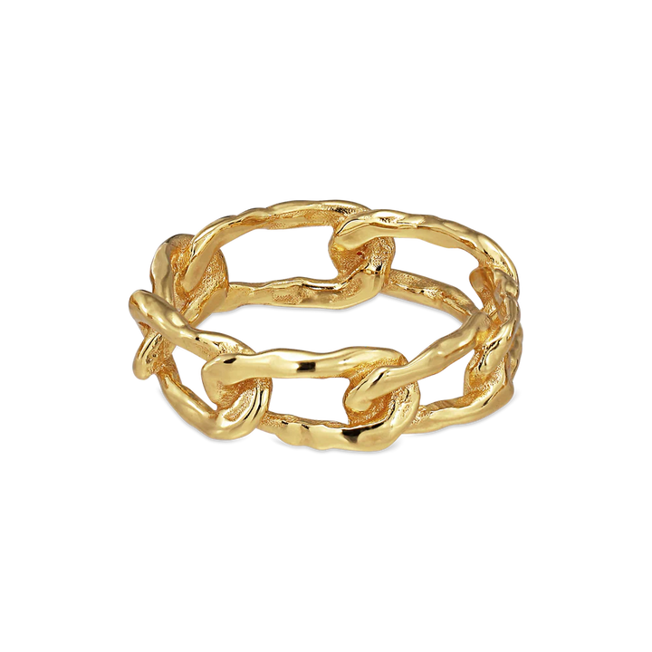The Jane Koenig Medium Space Link Ring features a gold-plated, textured chain-link design and is displayed on a plain white background.