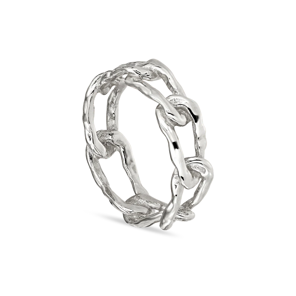 The Jane Koenig Medium Space Link Ring, crafted in sterling silver to resemble interconnected chain links, stands upright against a plain white background.
