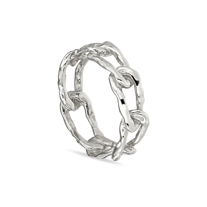 The Jane Koenig Medium Space Link Ring, crafted in sterling silver to resemble interconnected chain links, stands upright against a plain white background.