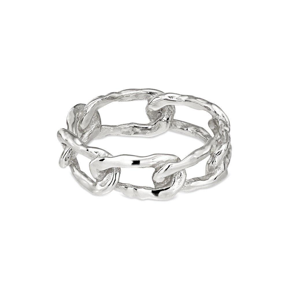 The Jane Koenig Medium Space Link Ring is crafted in sterling silver with interconnected chain links and a textured, handcrafted finish, shown on a white background.