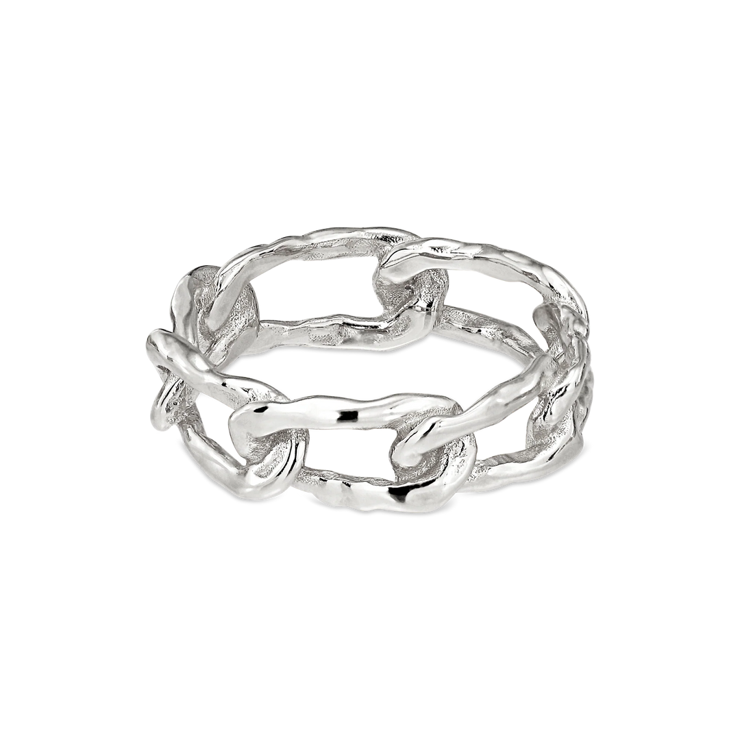 The Jane Koenig Medium Space Link Ring is crafted in sterling silver with interconnected chain links and a textured, handcrafted finish, shown on a white background.