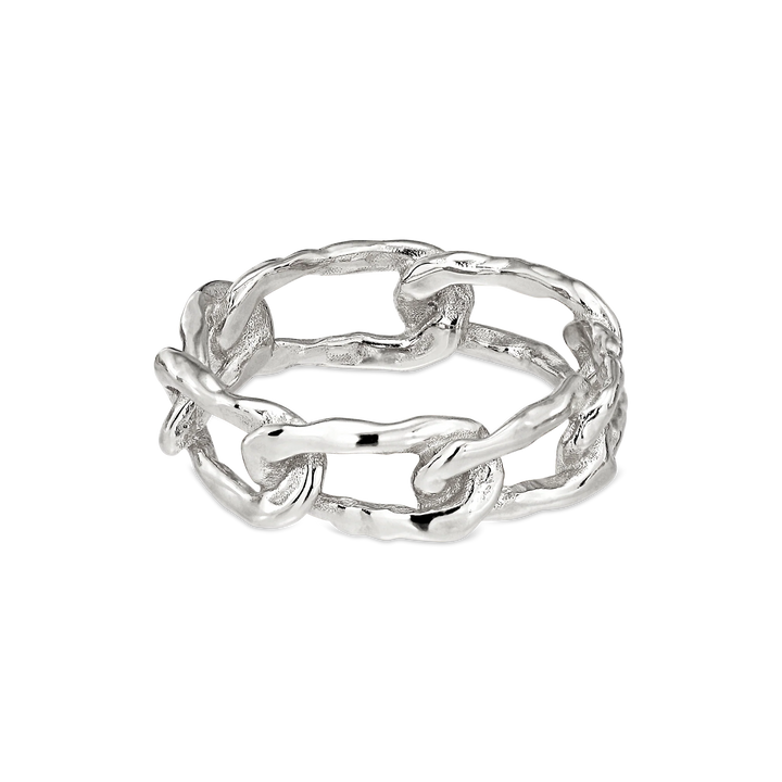 The Jane Koenig Medium Space Link Ring is crafted in sterling silver with interconnected chain links and a textured, handcrafted finish, shown on a white background.