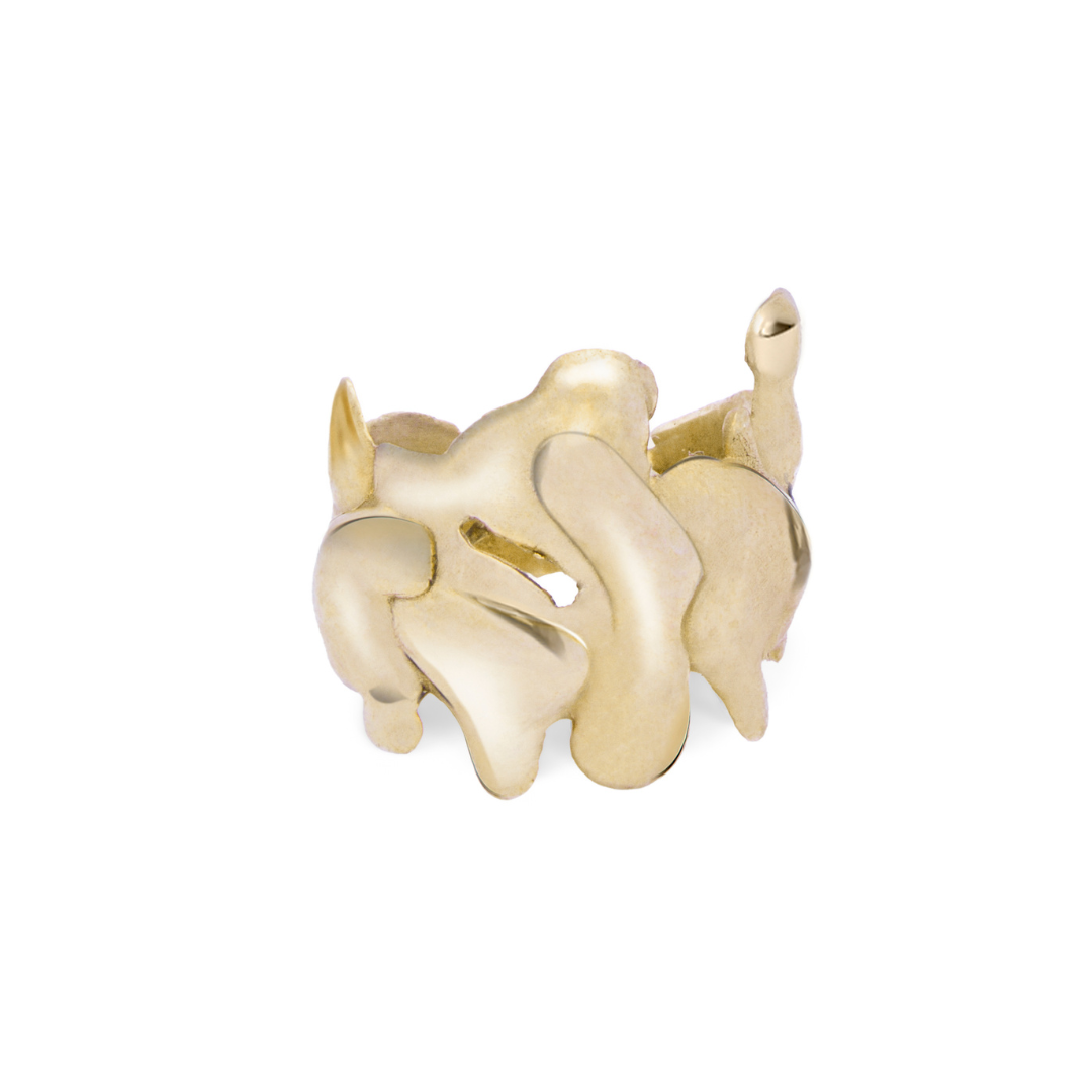 The Molten Ring by Madeleine Sculptural Jewellery features a wide gold band with abstract, flowing shapes, creating a bold, sculptural look—an exquisite piece of handmade jewellery.
