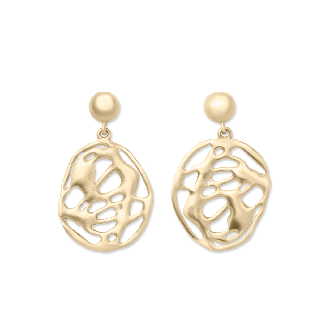 The Molten Drop Earrings by Madeleine Sculptural Jewellery feature gold round studs with abstract, web-like openwork drops. These sustainable statement earrings are meticulously crafted to tread lightly on the planet.