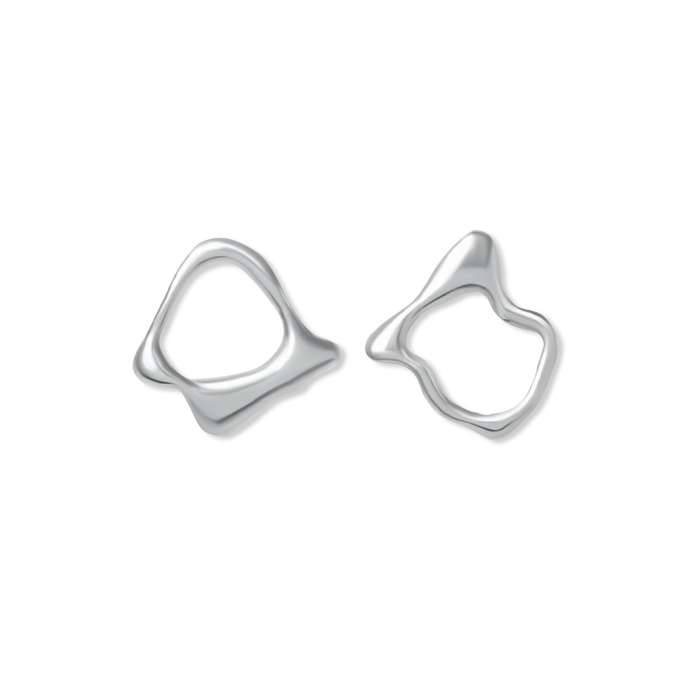 The Asymmetrical Molten Studs by Madeleine Sculptural Jewellery feature unique, abstract silver shapes with smooth, wavy edges, showcasing handmade artistry and organic elegance against a white background.