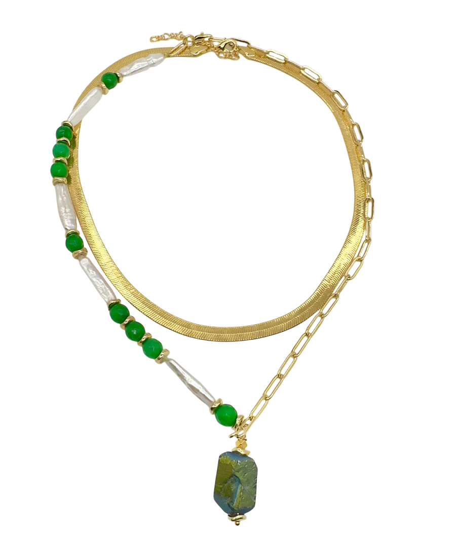 The Muse Green Necklace by Aria V features dual gold-plated chains—one flat, one linked—adorned with green beads, white pearls, and a green rectangular stone pendant, offering elegant baroque pearl necklace style.