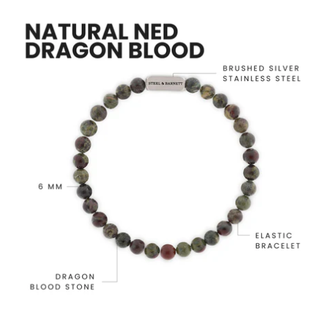 The Steel and Barnett Natural Ned 6mm Round Gemstone Bracelet Dragon Blood features earthy dragon blood stone beads and a brushed silver stainless steel accent, shown on a white background with labeled features.