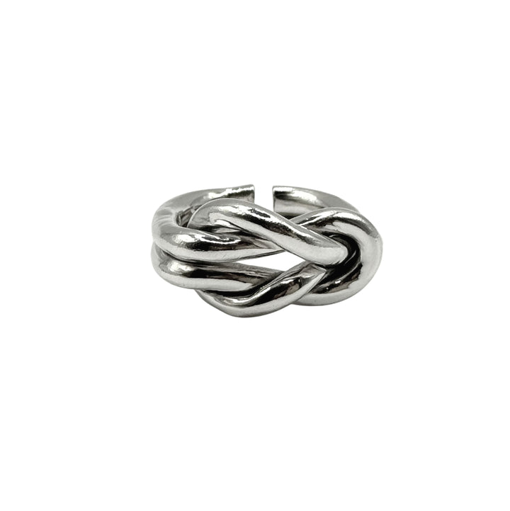 The Nautical Knot Ring by Inó Jewellery is a handcrafted chunky sterling silver ring with a twisted knot center and open back, shown on a plain white background.