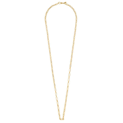 A delicate 18k gold plated chain necklace features elongated rectangular links, creating a minimalist and elegant design. The Geo Rectangular Link Long Necklace With Clip Fastening - Gold from Orelia London comes with an adjustable clasp for a perfect fit. Displayed on a plain white background, it highlights simplicity and sophistication.