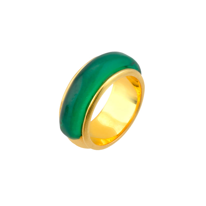 The Shyla Orion Ring is a gold ring featuring a wide, smooth band with a vibrant green enamel coating on the top half. The chunky ring's green section has a slightly domed, glossy finish, contrasting with the shiny gold on the inner part of the band. Perfectly hypoallergenic jewellery for sensitive skin.