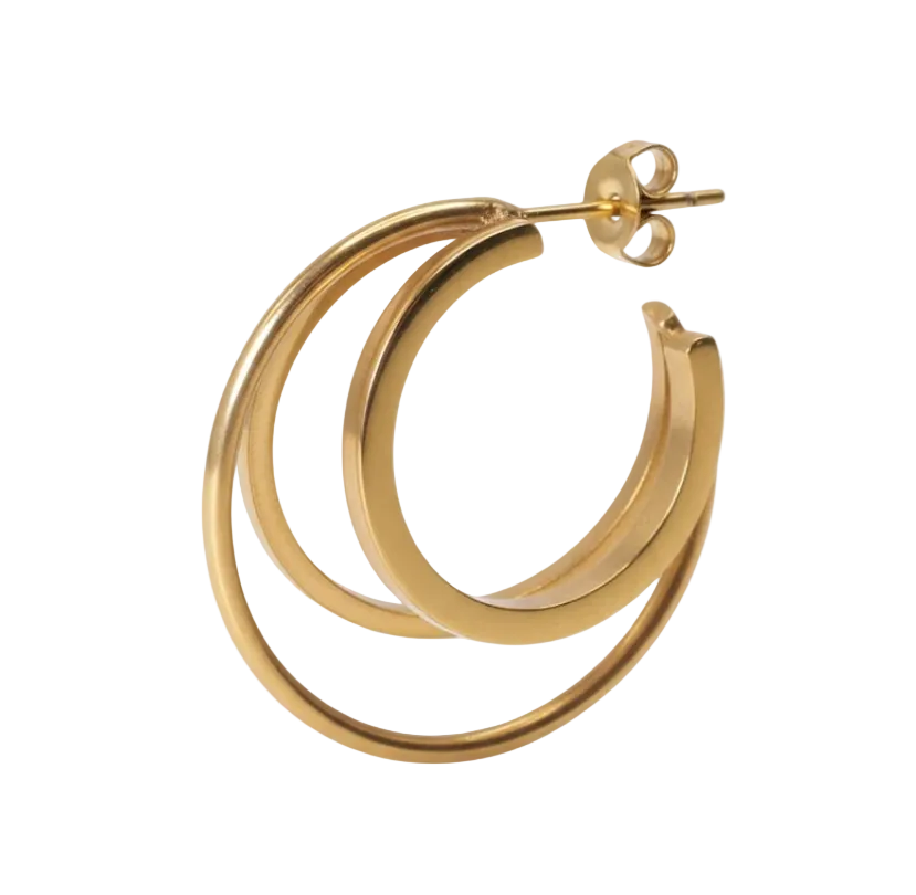 A gold hoop earring with a split triple-ring design, shown on a white background.