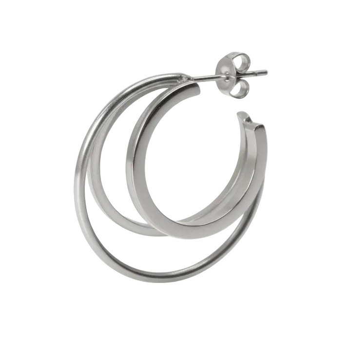 A pair of polished silver-tone hoop earrings with a triple-ring design and butterfly back closures, shown on a white background.