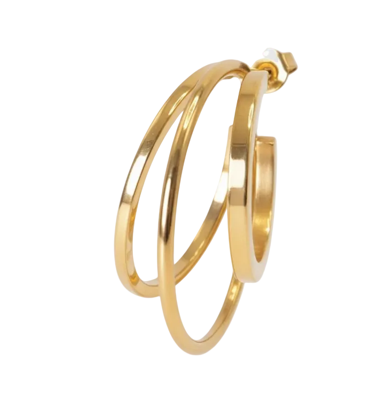 A polished gold hoop earrings with a unique layered, overlapping design shown on a white background.