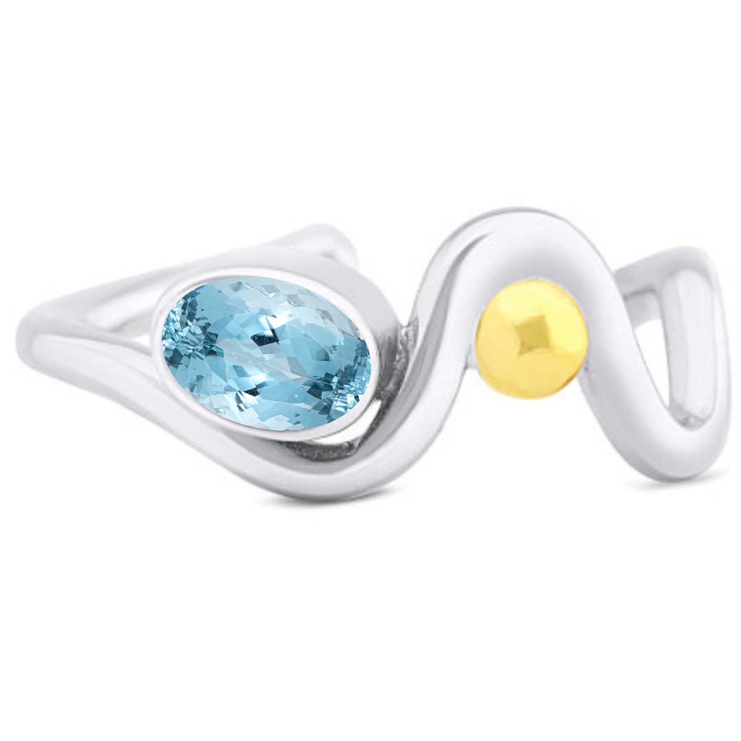 The Gallardo & Blaine Designs' Adjustable Heartbeat Ring is a sterling silver piece with a wavy band, highlighted by a large oval blue gemstone paired closely with a small round yellow accent for a modern, sleek look.