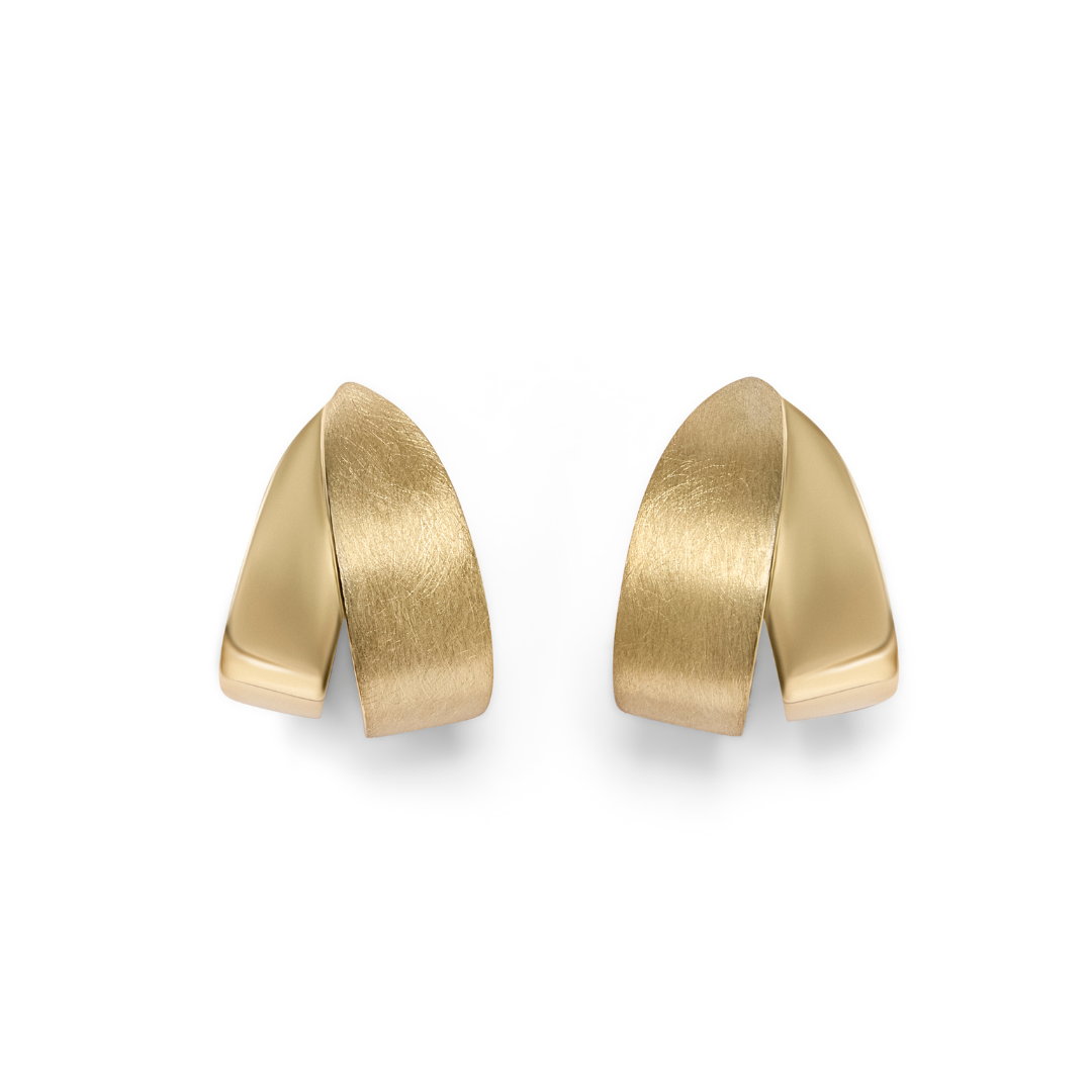 Origata Studs by Gallardo & Blaine Designs—modern gold vermeil earrings with a matte finish and a curved, overlapping origata design—displayed on a white background.