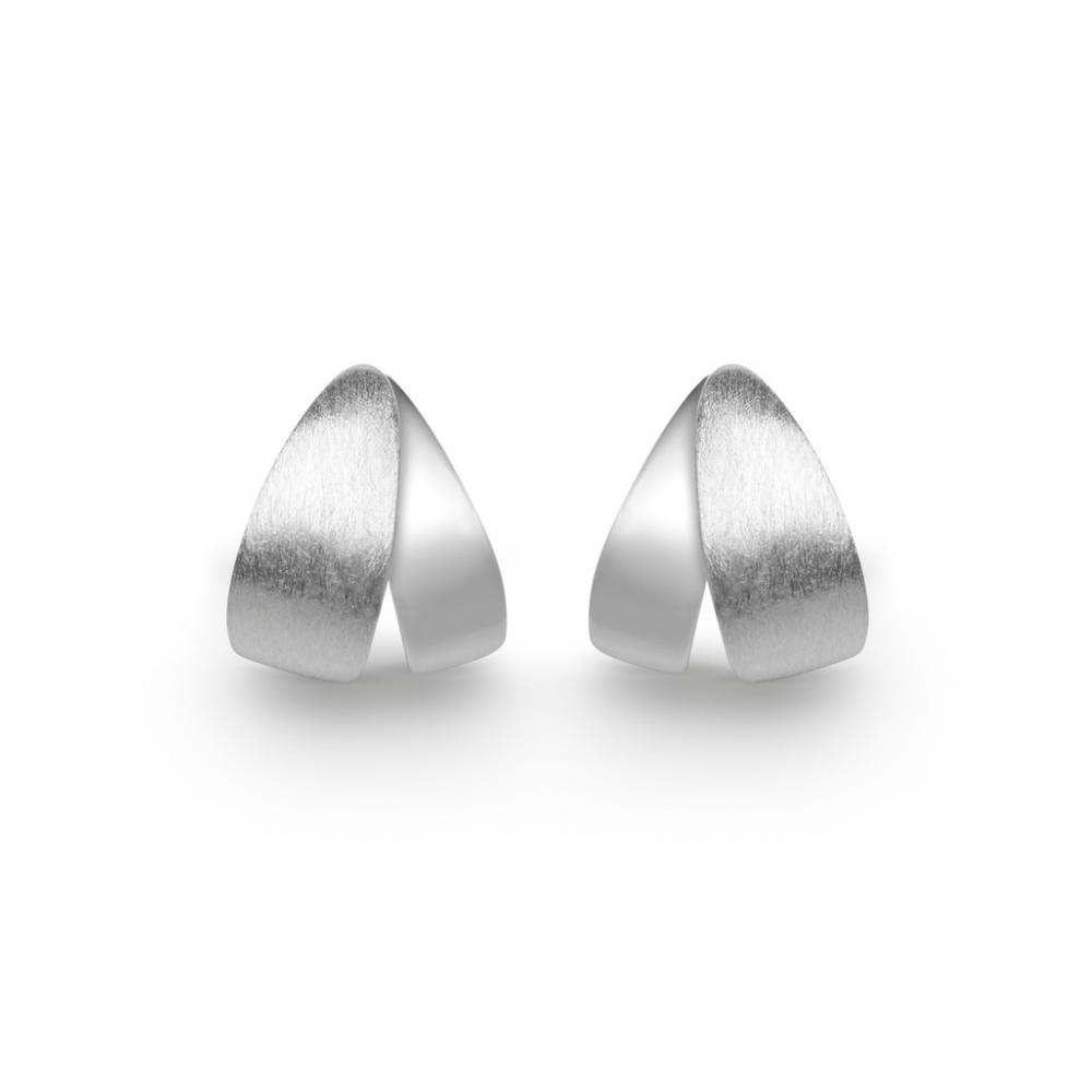 Origata Studs by Gallardo & Blaine Designs: minimalist sterling silver earrings with a subtly curved, triangular shape, shown on a white background.