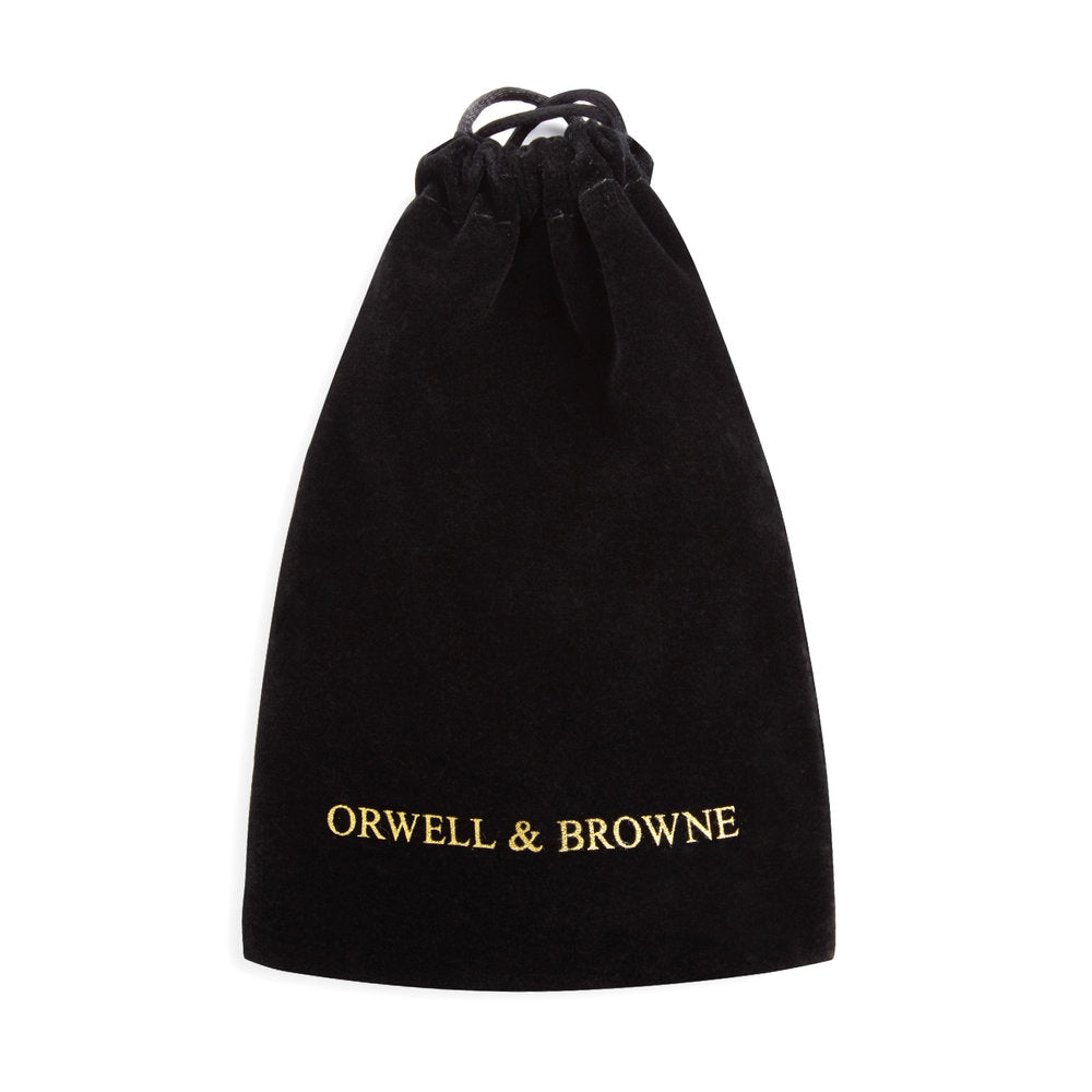 A black drawstring bag with "ORWELL & BROWNE" written in gold capital letters on it, crafted from affordable and sustainable Irish wool, contains Forest Green Tweed Cufflinks by Orwell & Browne.