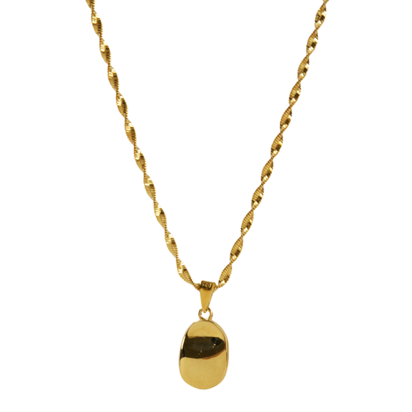 The Ovio Necklace by Bonvo in gold features a twisted rope chain adorned with an oval-shaped, hand-crafted pendant. The pendant boasts a smooth and shiny surface that elegantly reflects light. Both the solid 925 sterling silver chain and pendant are plated with 18ct gold, providing the necklace with a polished, matching golden hue.