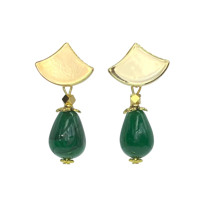 The Pagoda Earrings by Aria V feature gold plated earrings with unique sculpted triangular tops and attached green jade teardrop-shaped pendants, creating an elegant and artistic accessory.