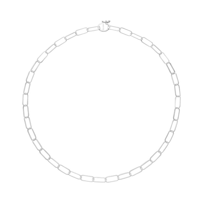 The Tezer Small Paperclip Link Silver Bracelet features elongated paperclip links and a clasp, displayed in a circular arrangement on a white background.