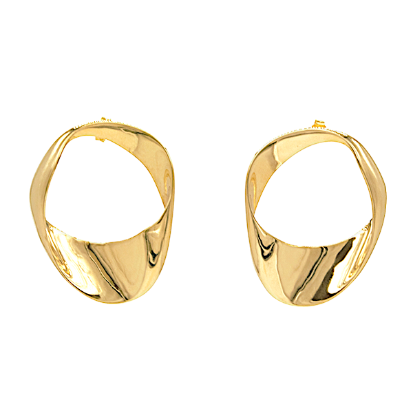 A pair of Bonvo Paula Curved Earrings (Small) with a twisted, contemporary design, displayed against a white background. The sterling silver base lends durability while the smooth, reflective surface gives them a glossy and elegant appearance.