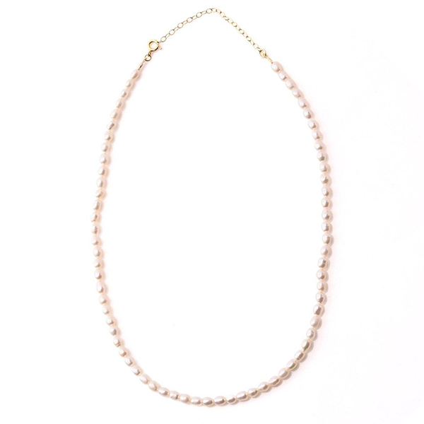 The Bonvo Pearl Parade Necklace is a delicate freshwater pearl necklace with small, evenly spaced pearls strung together. The necklace features a thin gold chain with 18ct gold plating and a clasp that allows for length adjustment. Set against a plain white background, it highlights the simplicity and elegance of the jewelry piece.