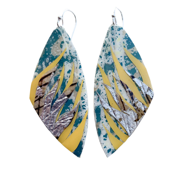 Peitil Batik Textile Earrings in flint-blue/gorse/umber/silver