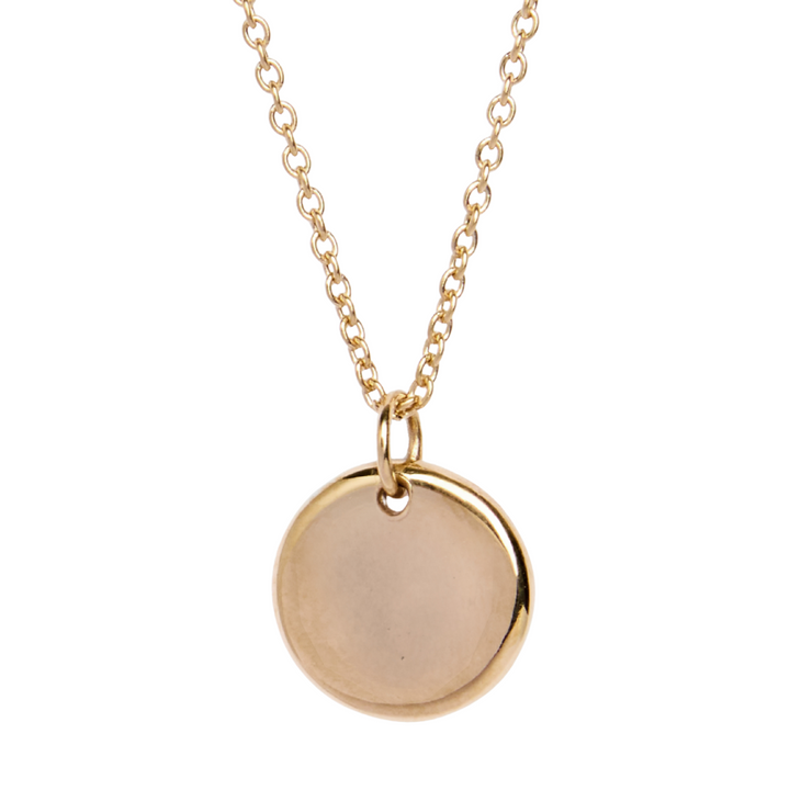 The Collective Dublin’s Personalised Large Round Organic Droplet Necklace features a smooth, shiny gold pendant on a gold chain—perfect for personalisation and adding a unique touch to your look.