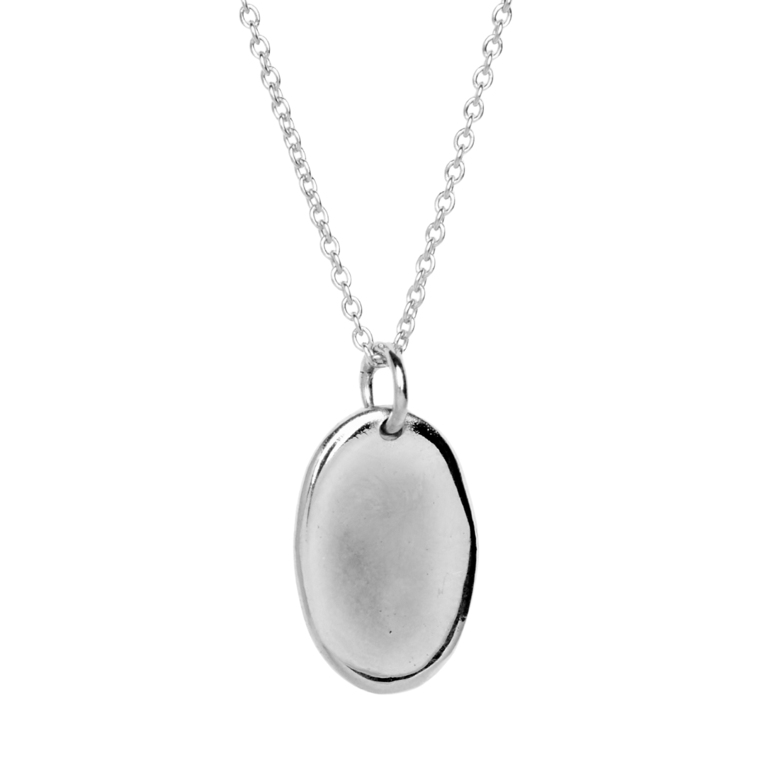 The Collective Dublin’s Personalised Organic Oval Droplet Necklace features a smooth sterling silver oval charm pendant on a simple chain, displayed against a plain white background.