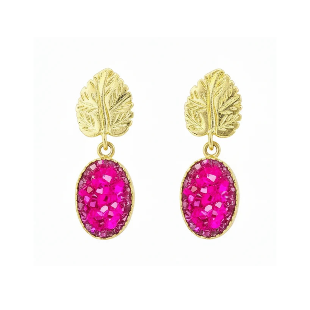 Gold Leaf earrings with punk druzy oval drop
