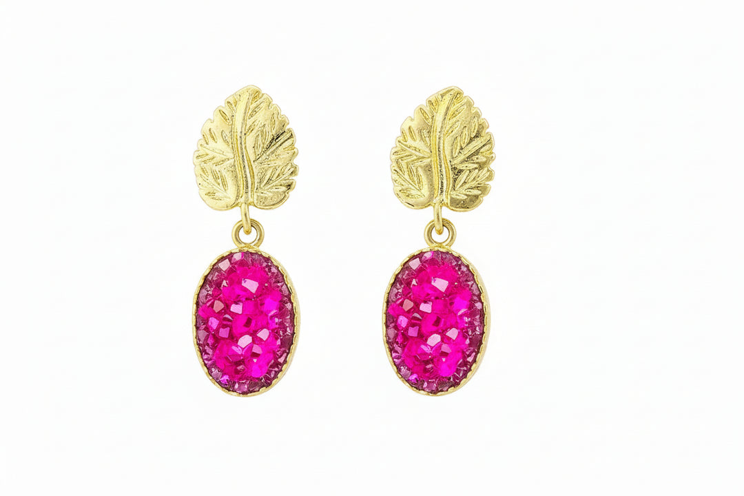 Gold Leaf earrings with punk druzy oval drop