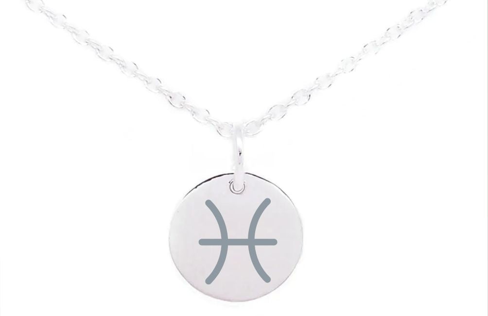 A Horoscope Large Disc Charm Silver by Personalised Charms. The symbol consists of two curved lines resembling fish swimming in opposite directions, connected by a horizontal line. The background is plain white. Perfect for those who love horoscope symbols.