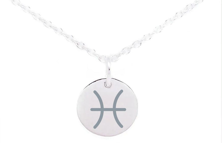 A Horoscope Large Disc Charm Silver by Personalised Charms. The symbol consists of two curved lines resembling fish swimming in opposite directions, connected by a horizontal line. The background is plain white. Perfect for those who love horoscope symbols.