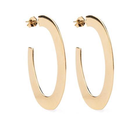 A pair of large, Oval Hoop Earrings in Gold Vermeil & Silver by Watermelon Tropical. The hoops are slightly oval-shaped, with each end tapering to a point. The earrings have a sleek, polished finish and post back closures.