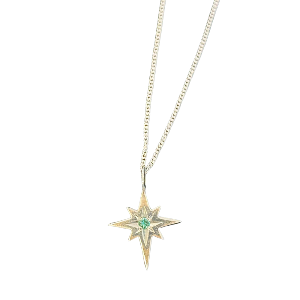 The Polaris Ruby/Emerald & Sterling Silver Pendant by Cosmic Boulevard features an eight-pointed star design with a central emerald, shown on a plain white background.