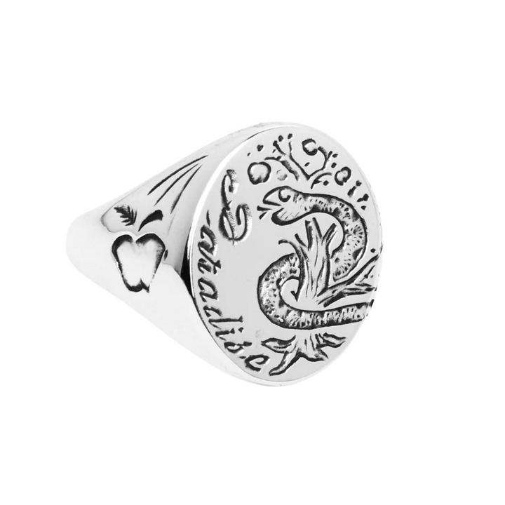 A Cosmic Boulevard Sterling Silver Paradise Signet Ring with an engraved circular face featuring a serpent and the word "paradise" in cursive. The sides of the ring have apple and leaf engravings, adding to its intricate design. This hand-engraved signet ring boasts a vintage, antiquated appearance.