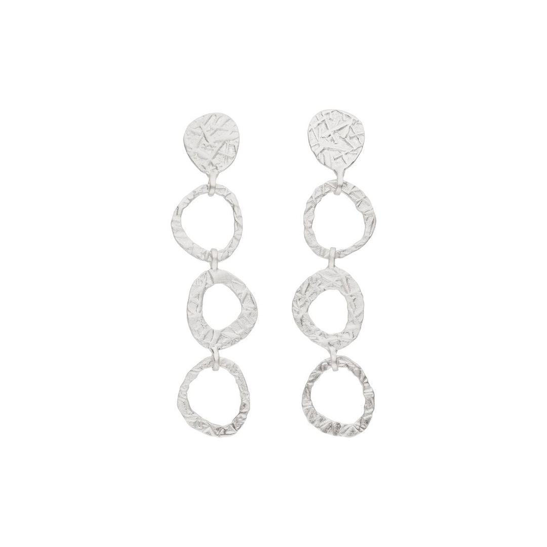 The Tezer Silver Circular Dangle Stud Earrings feature three textured, interconnected oval loops and a textured oval stud at the top. These striking sterling silver earrings present an elegant, asymmetric oval silhouette—perfect for those who love contemporary statement jewelry.
