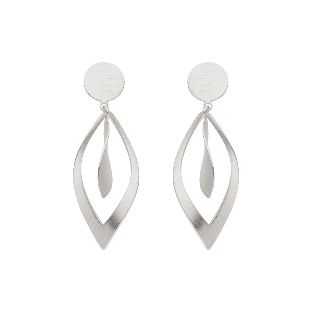Tezer’s Leaf Shaped Dangle Earrings feature a modern, minimalist design crafted from sterling silver, with round studs and open marquise-shaped drops each adorned with a delicate, curved leaf-like element suspended within. Inspired by graceful leaf forms, these earrings offer an elegant contemporary style.