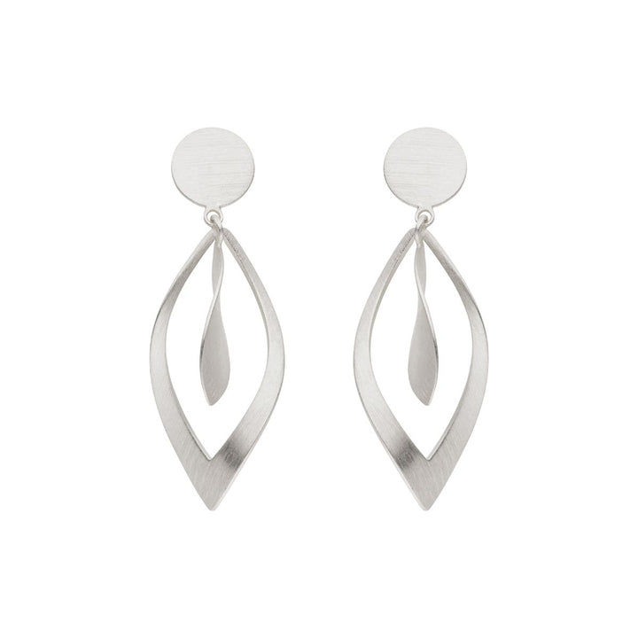 Tezer’s Leaf Shaped Dangle Earrings feature a modern, minimalist design crafted from sterling silver, with round studs and open marquise-shaped drops each adorned with a delicate, curved leaf-like element suspended within. Inspired by graceful leaf forms, these earrings offer an elegant contemporary style.