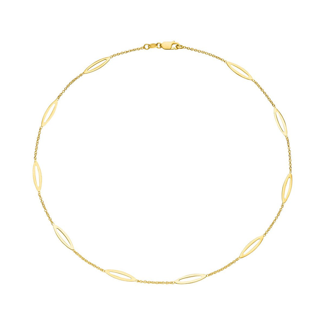 The Tezer Leaf Chain Necklace features a delicate gold-plated design with evenly spaced, oval-shaped open links connected by fine chain segments, forming a seamless circle.