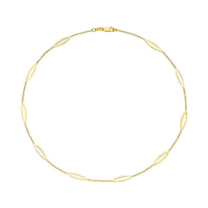 The Tezer Leaf Chain Necklace features a delicate gold-plated design with evenly spaced, oval-shaped open links connected by fine chain segments, forming a seamless circle.