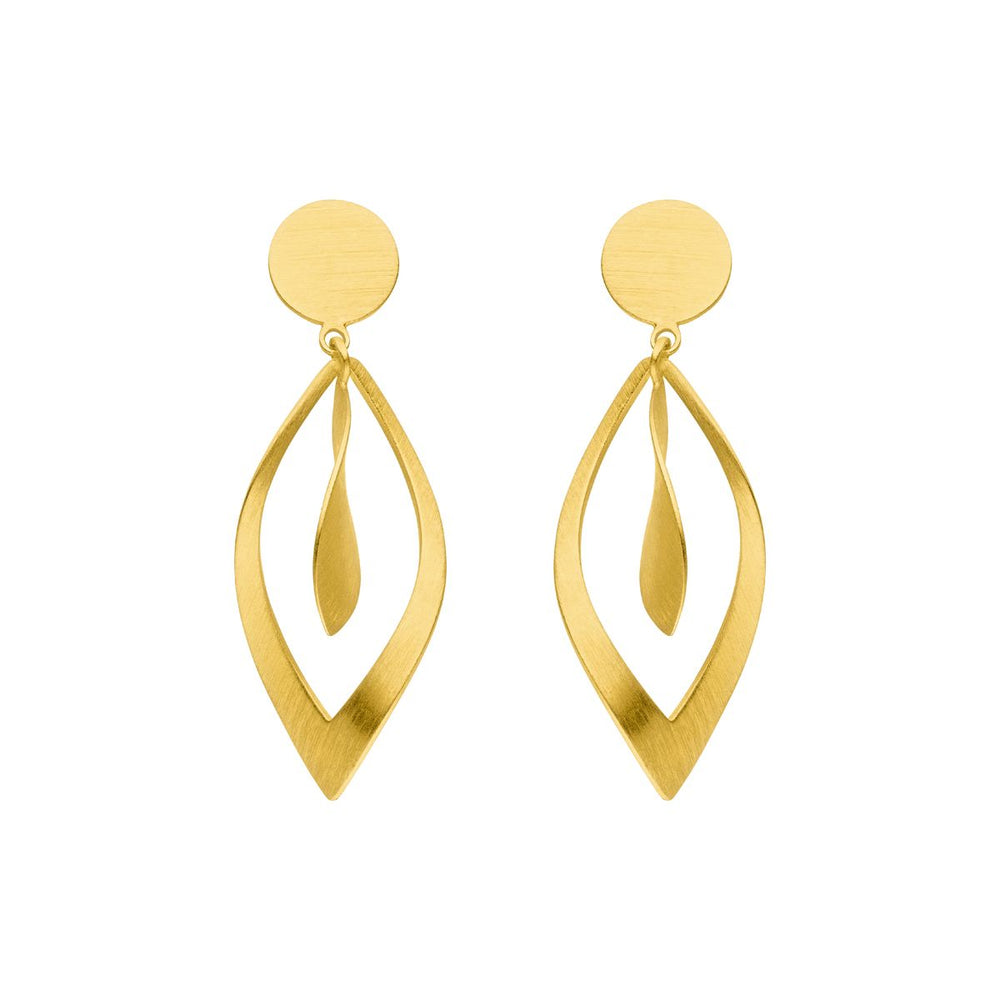 Introducing the Leaf Shaped Dangle Earrings from Tezer—these elegant earrings feature a gold-plated, circular stud and an open marquise-shaped drop, each accented by a delicate leaf-like detail suspended within for a timeless finish.