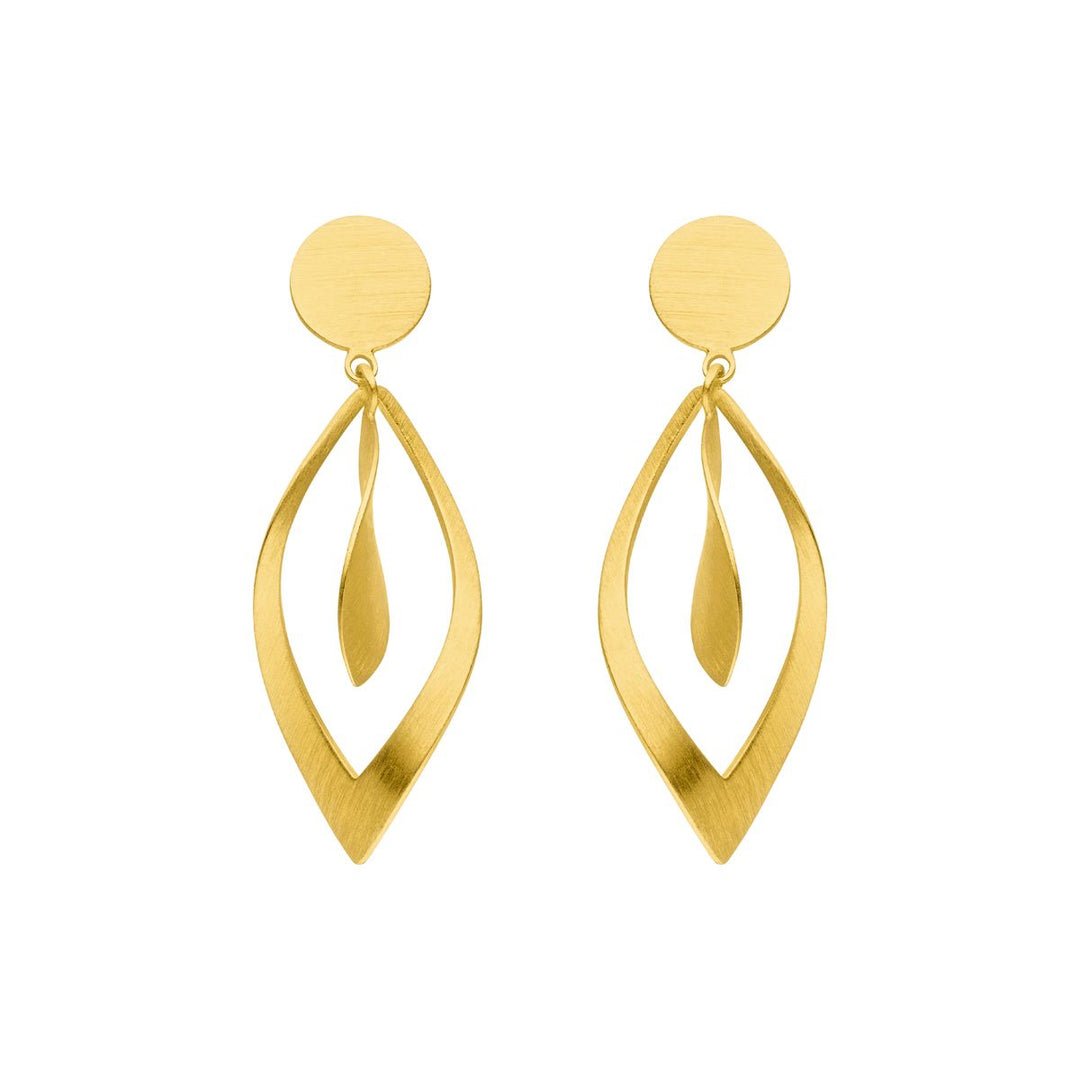 Introducing the Leaf Shaped Dangle Earrings from Tezer—these elegant earrings feature a gold-plated, circular stud and an open marquise-shaped drop, each accented by a delicate leaf-like detail suspended within for a timeless finish.
