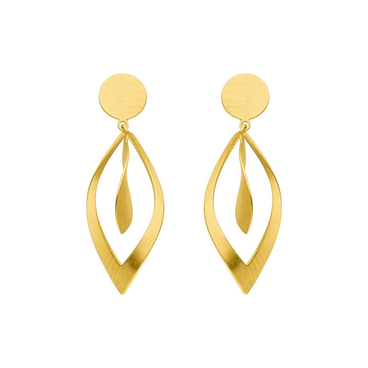 Introducing the Leaf Shaped Dangle Earrings from Tezer—these elegant earrings feature a gold-plated, circular stud and an open marquise-shaped drop, each accented by a delicate leaf-like detail suspended within for a timeless finish.